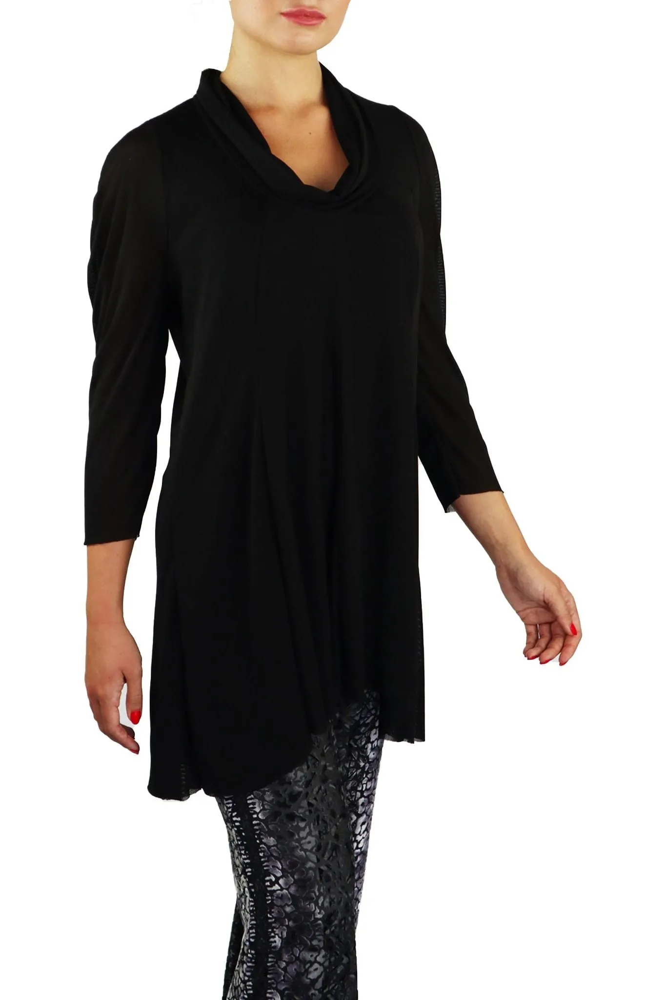 ANGELINA 3/4 Sleeves Cowl Neckline Flaring Tunic Top Black