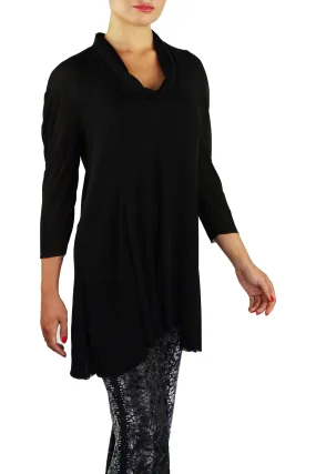 ANGELINA 3/4 Sleeves Cowl Neckline Flaring Tunic Top Black