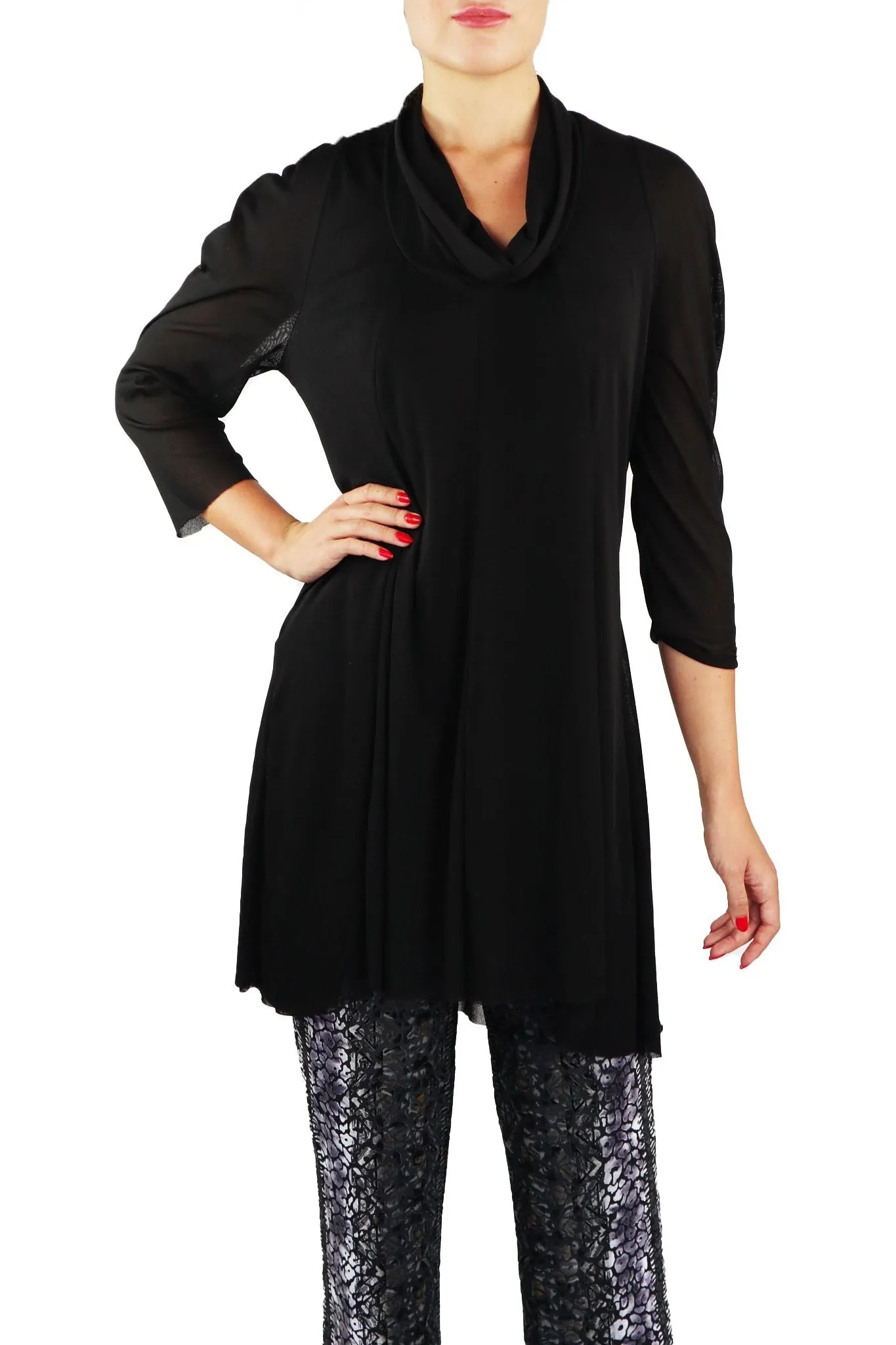 ANGELINA 3/4 Sleeves Cowl Neckline Flaring Tunic Top Black