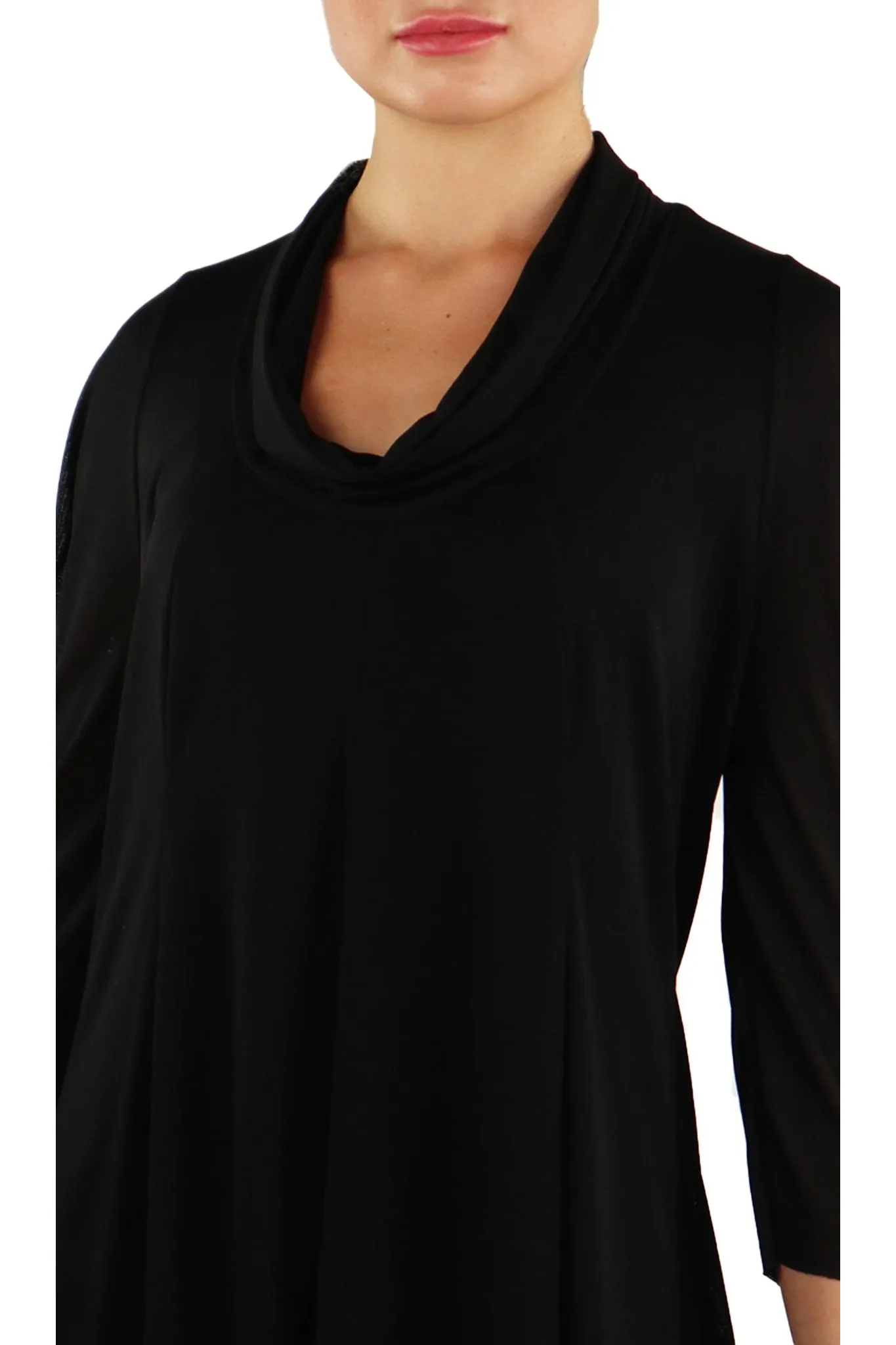 ANGELINA 3/4 Sleeves Cowl Neckline Flaring Tunic Top Black