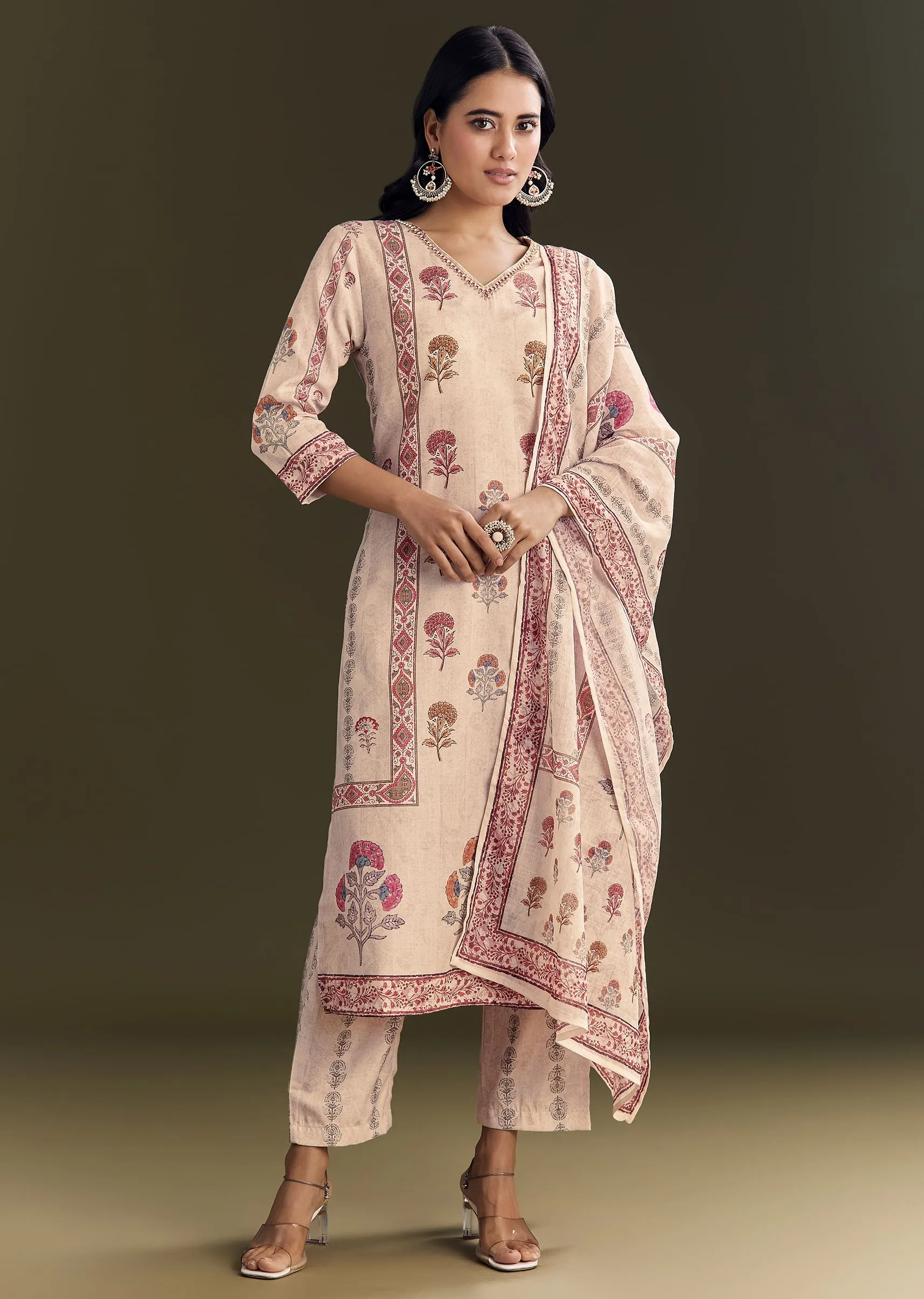 Beige Cotton Block Print Kurta Set With Printed Dupatta