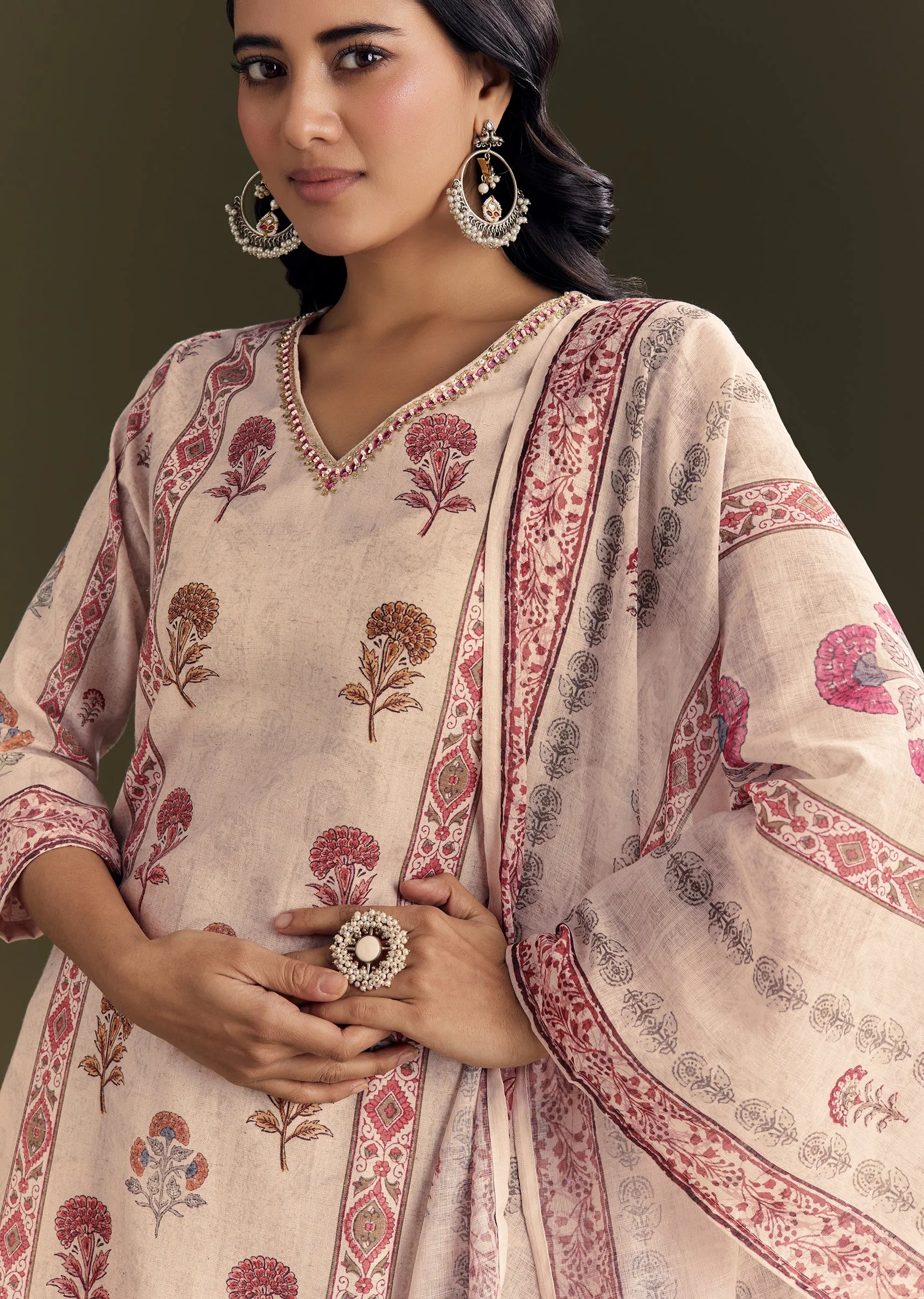 Beige Cotton Block Print Kurta Set With Printed Dupatta