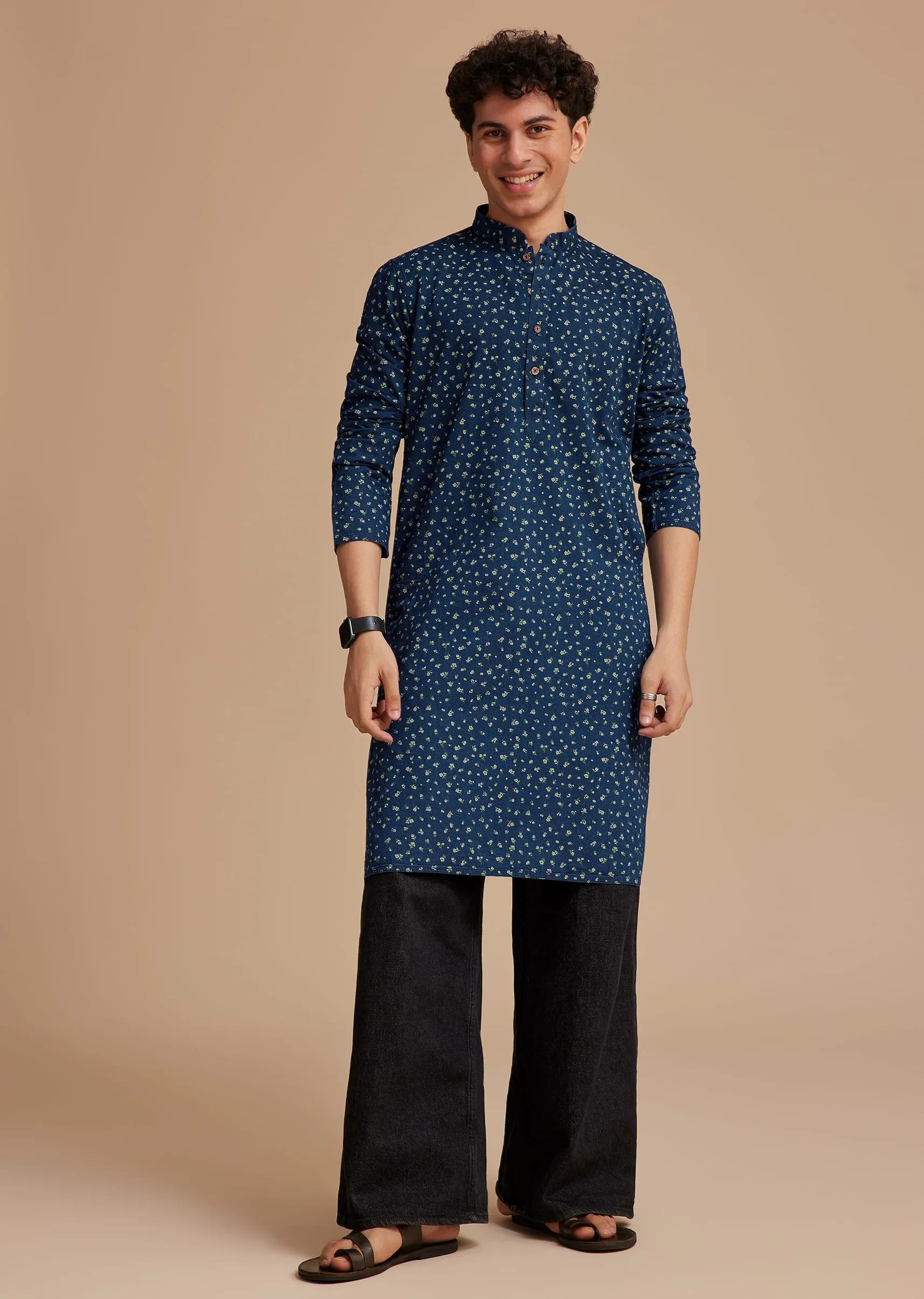 Blue Cotton Micro Printed Kurta Set