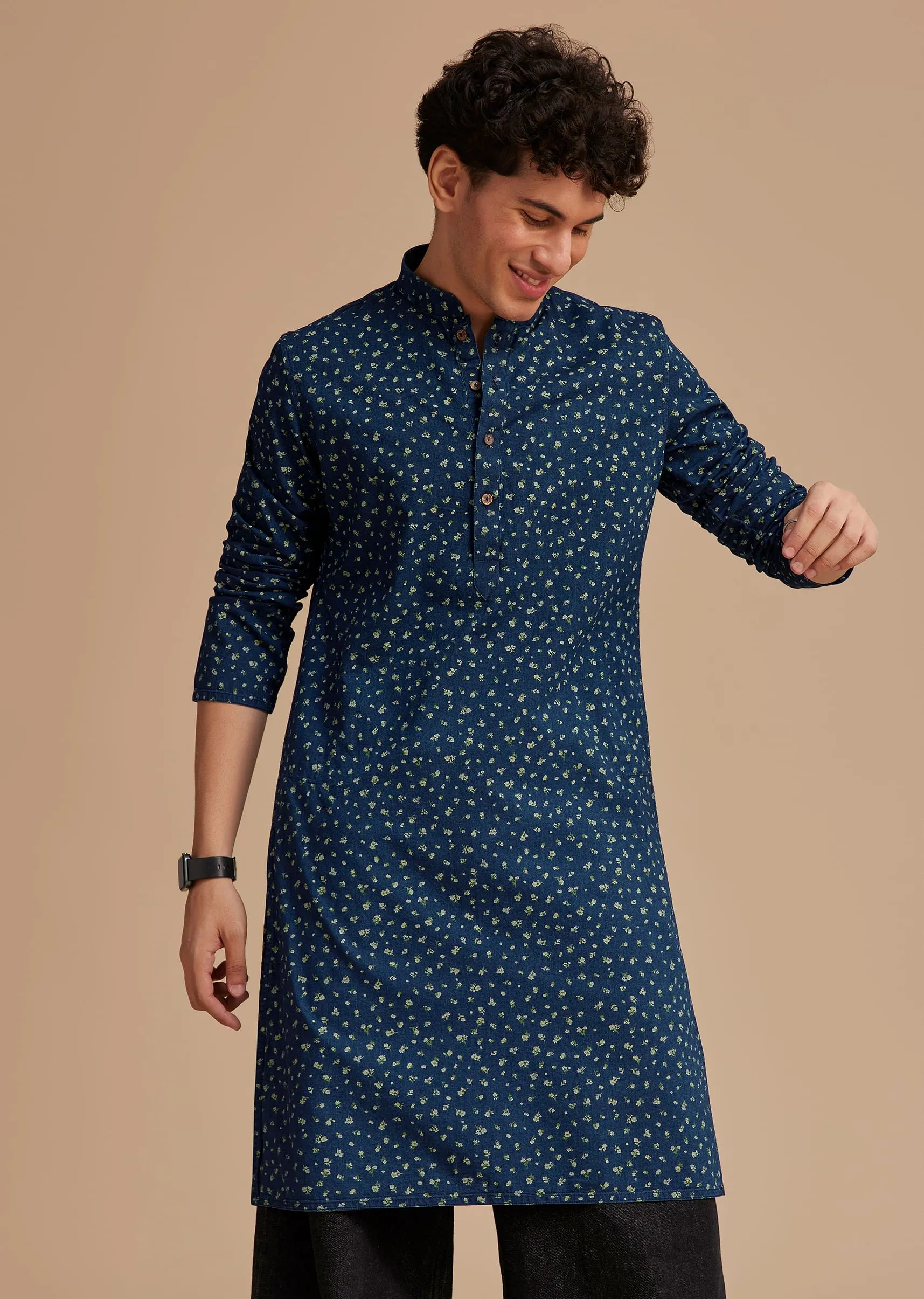 Blue Cotton Micro Printed Kurta Set
