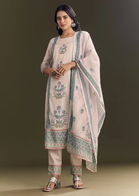 Cream Cotton Block Print Kurta Pant With Dupatta