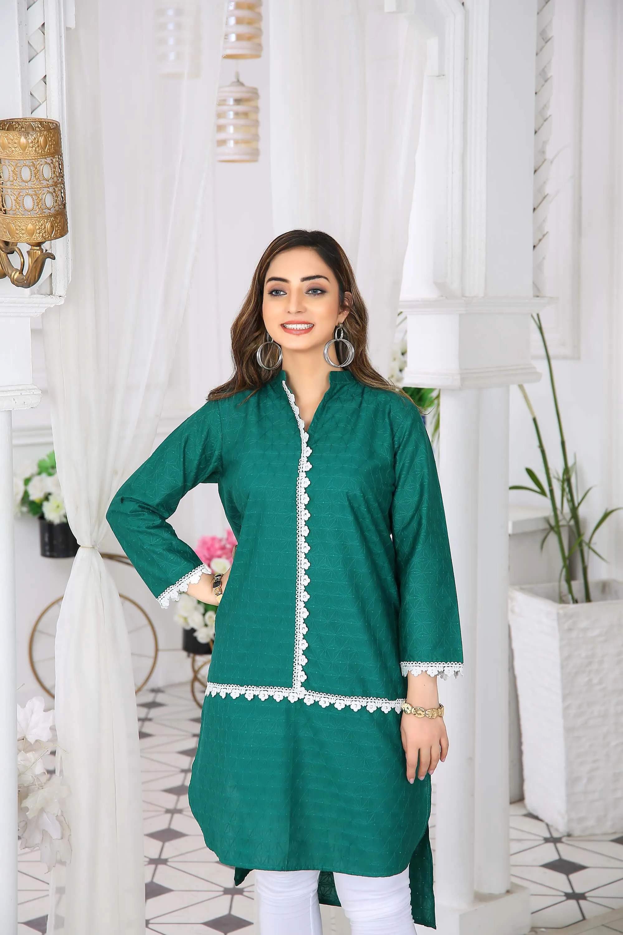 Elegant Green Chikankari High-Low Kurta with Lace Accents – Buy Online USA | IshDeena