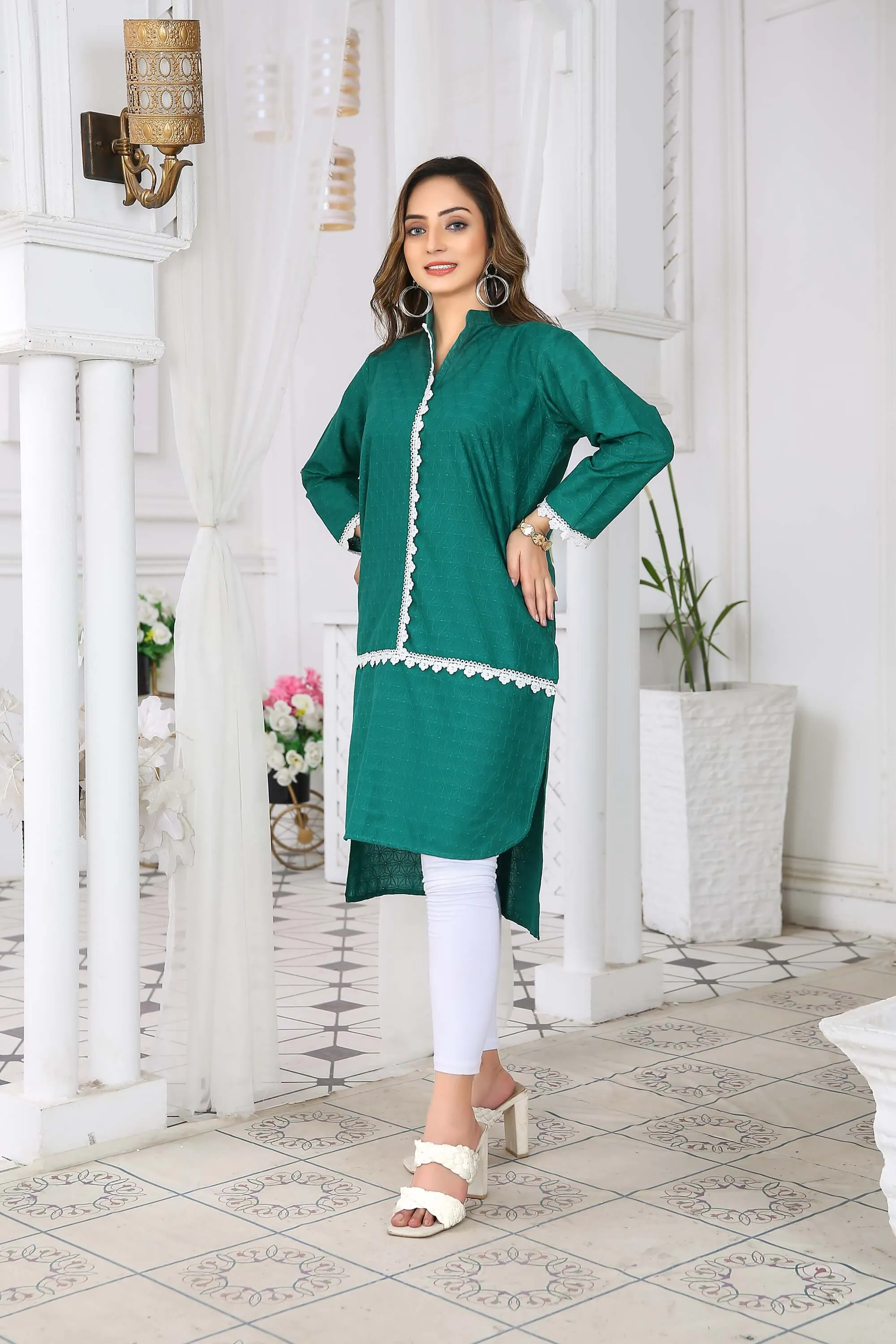 Elegant Green Chikankari High-Low Kurta with Lace Accents – Buy Online USA | IshDeena