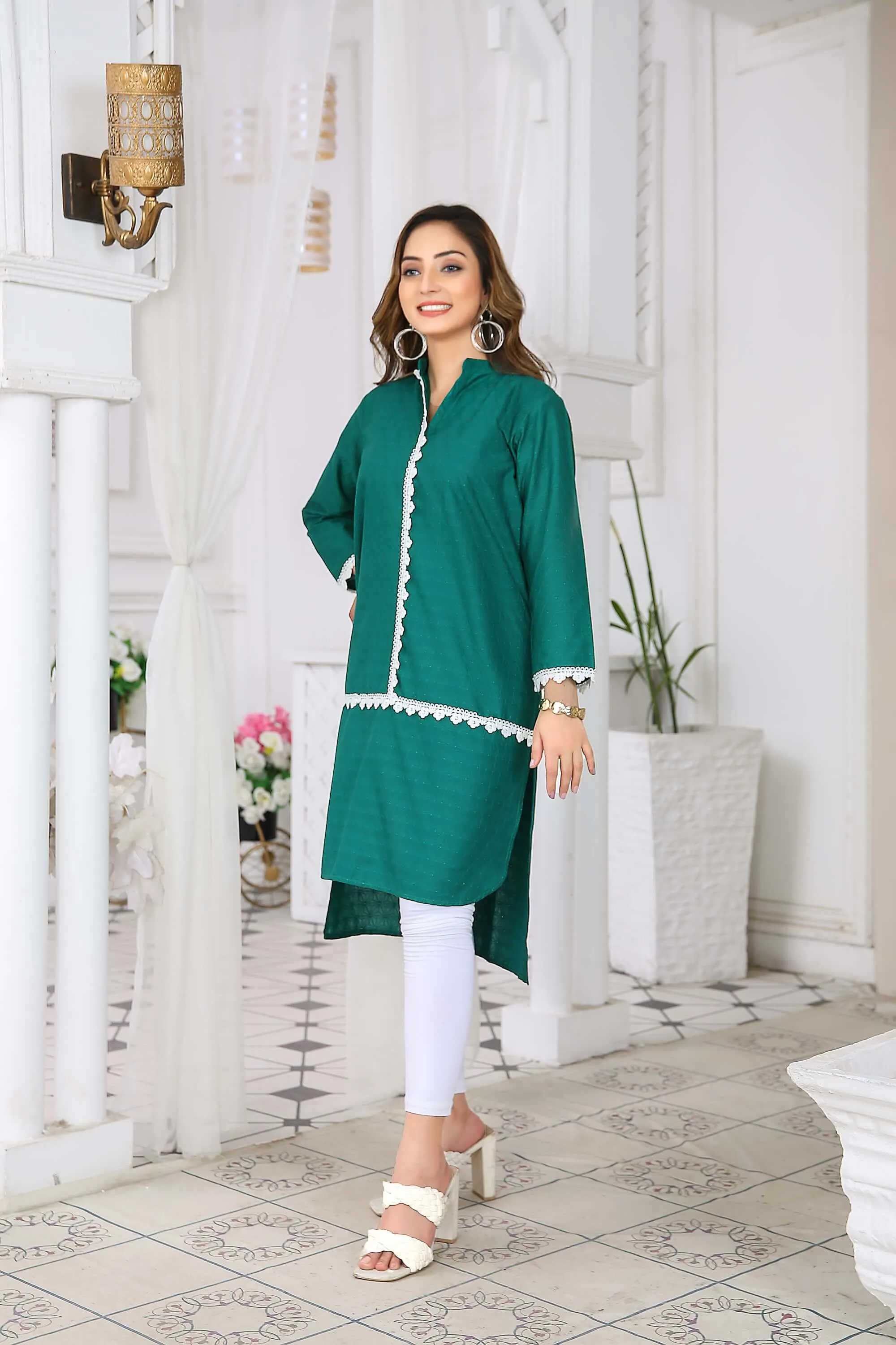 Elegant Green Chikankari High-Low Kurta with Lace Accents – Buy Online USA | IshDeena