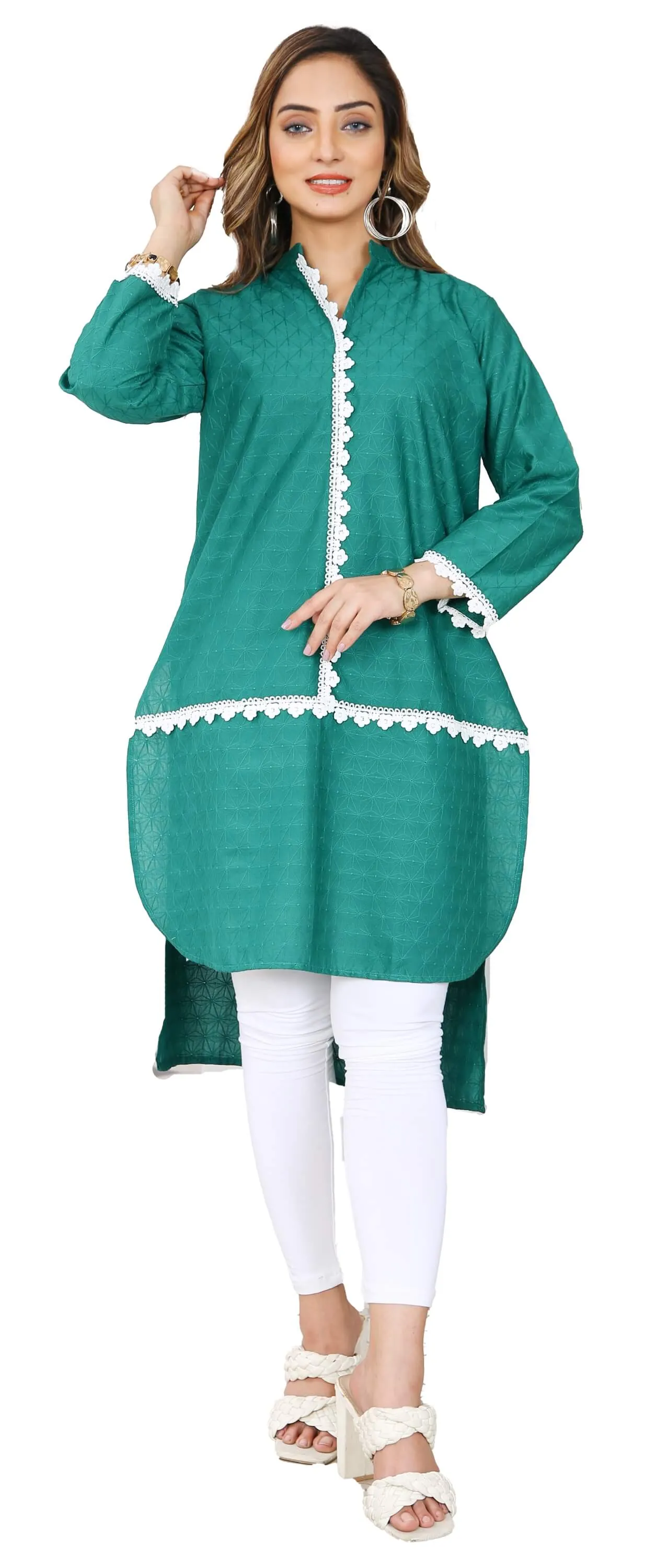 Elegant Green Chikankari High-Low Kurta with Lace Accents – Buy Online USA | IshDeena