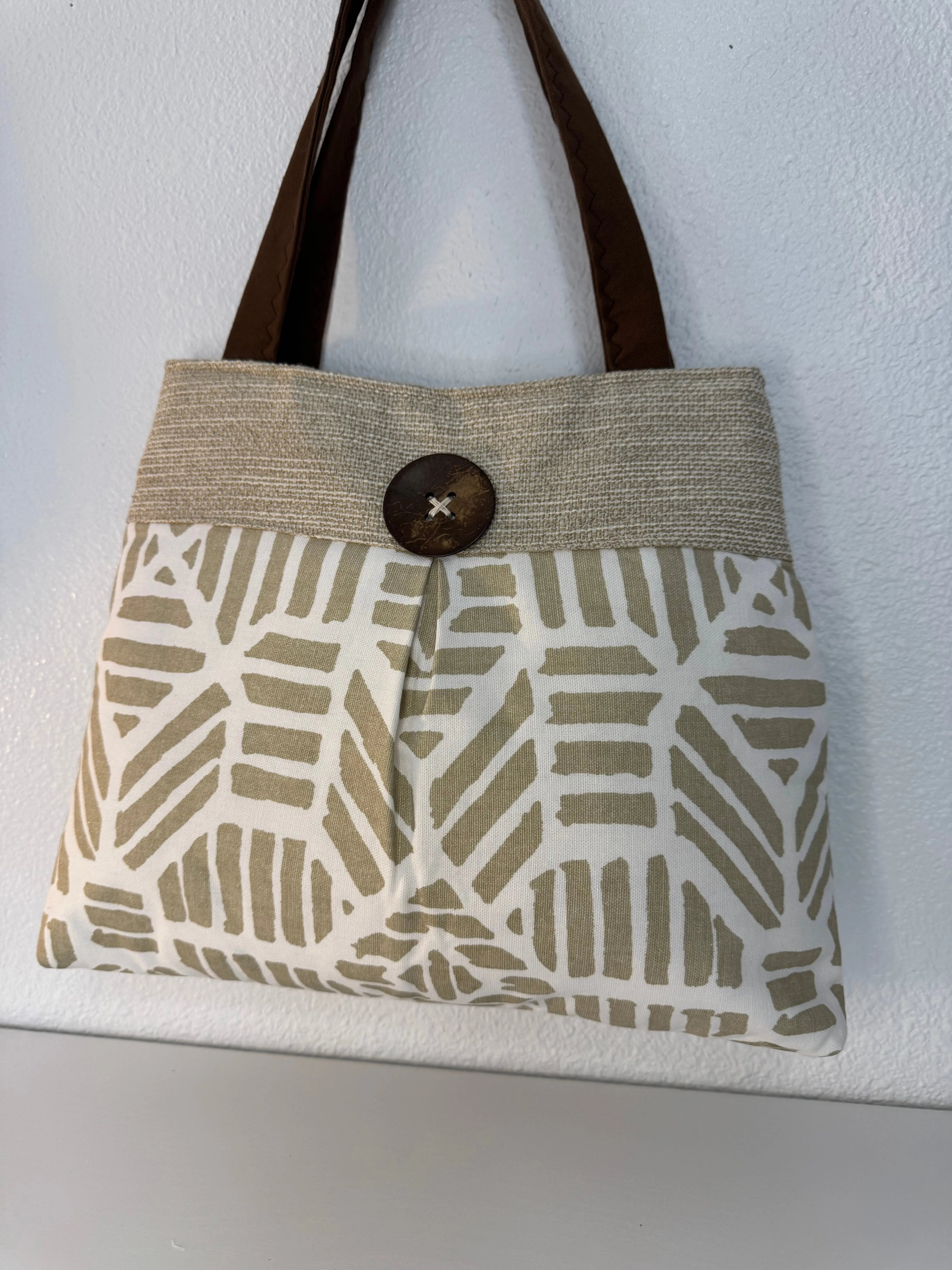 Gold and Beige Pleated Handbag Purse Tote with Button