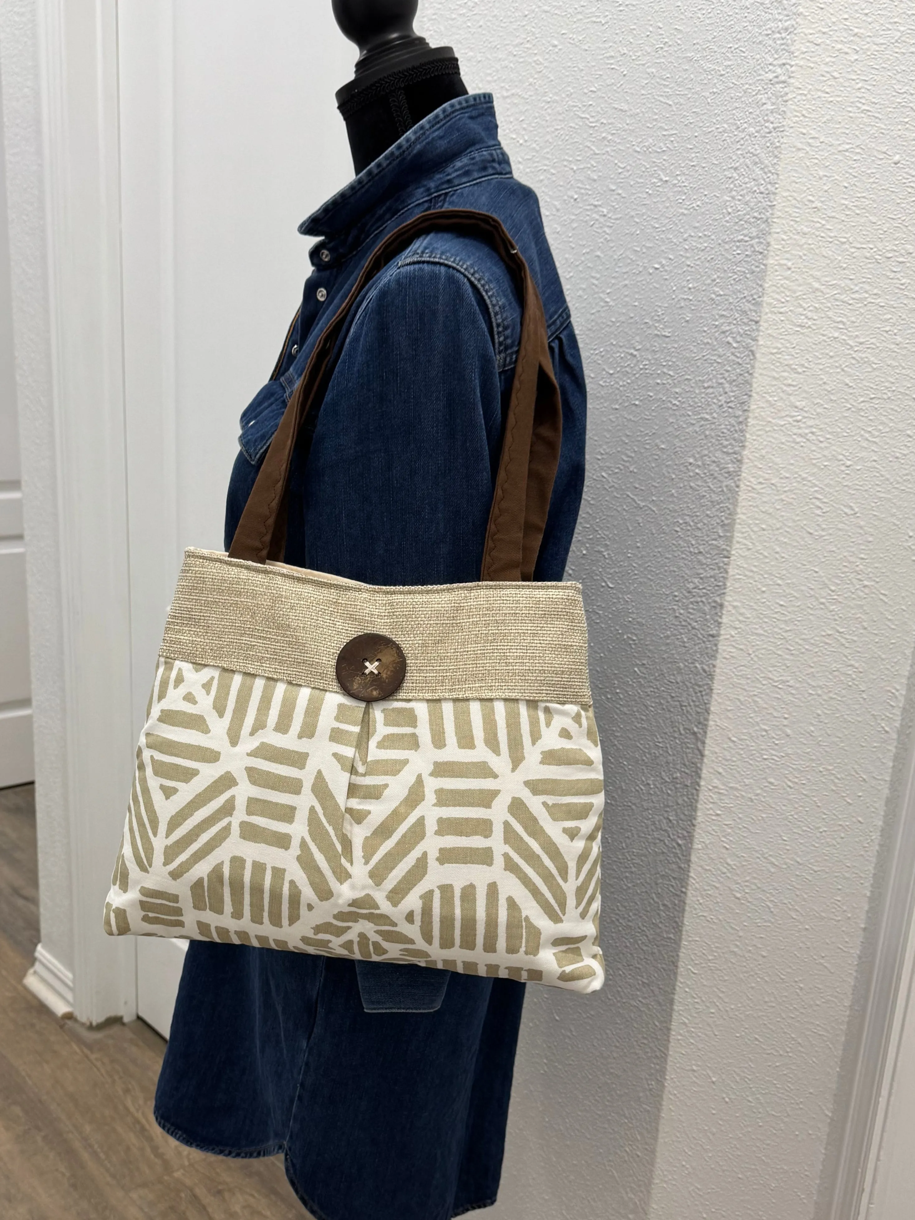Gold and Beige Pleated Handbag Purse Tote with Button