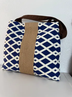 Handbag Purse Tote Bag Shoulder Tote in Navy and White with Jute Webbing