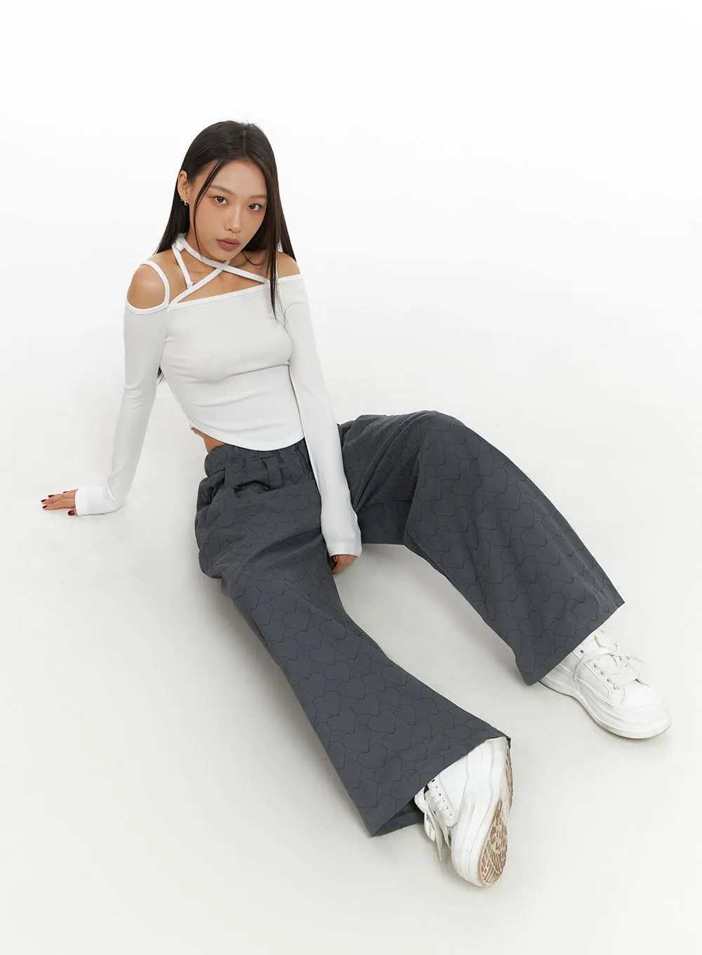 Heart Quilted Cotton Wide Pants IS427