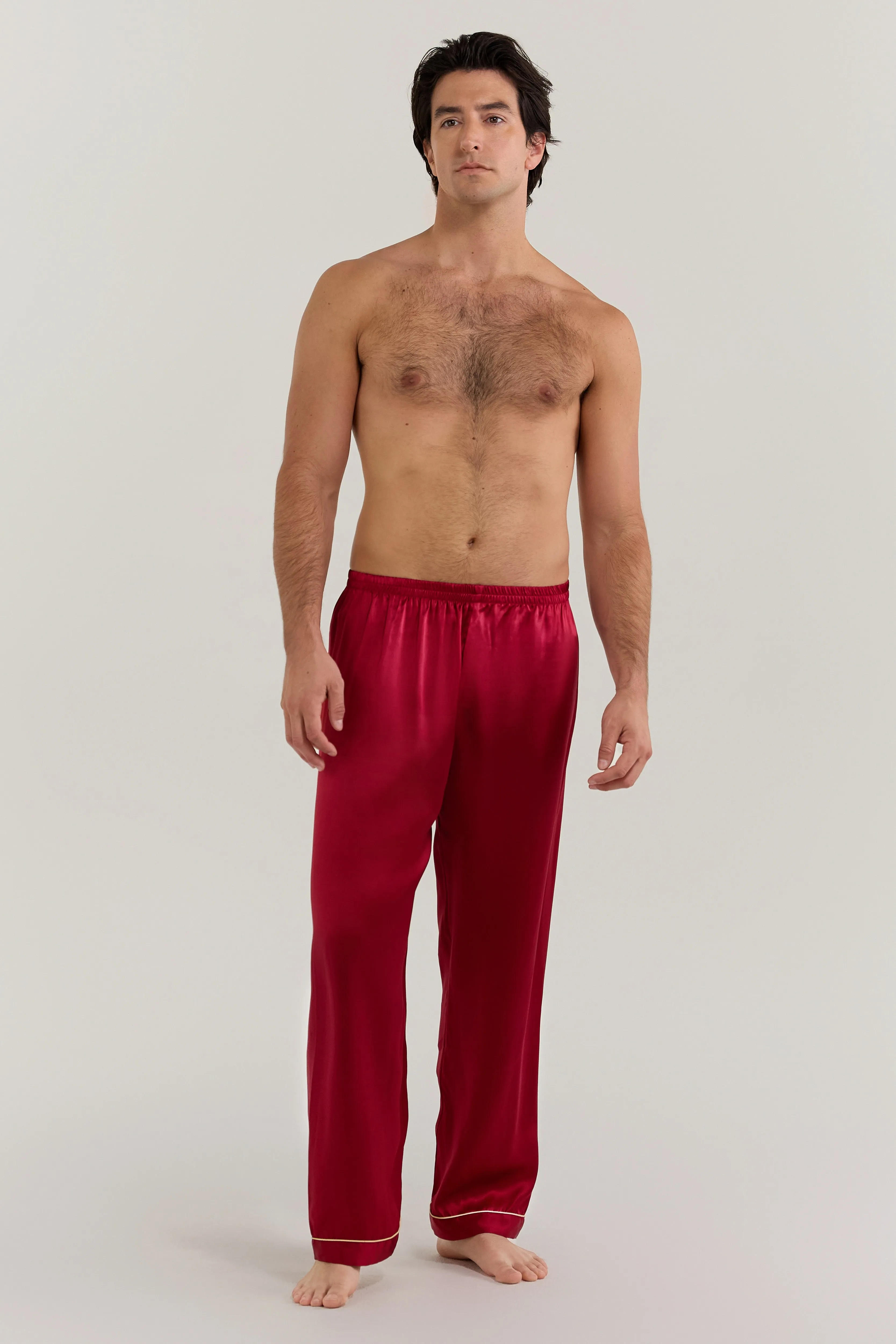 Men’s Pure Silk Sleep Bottoms In Burgundy Red