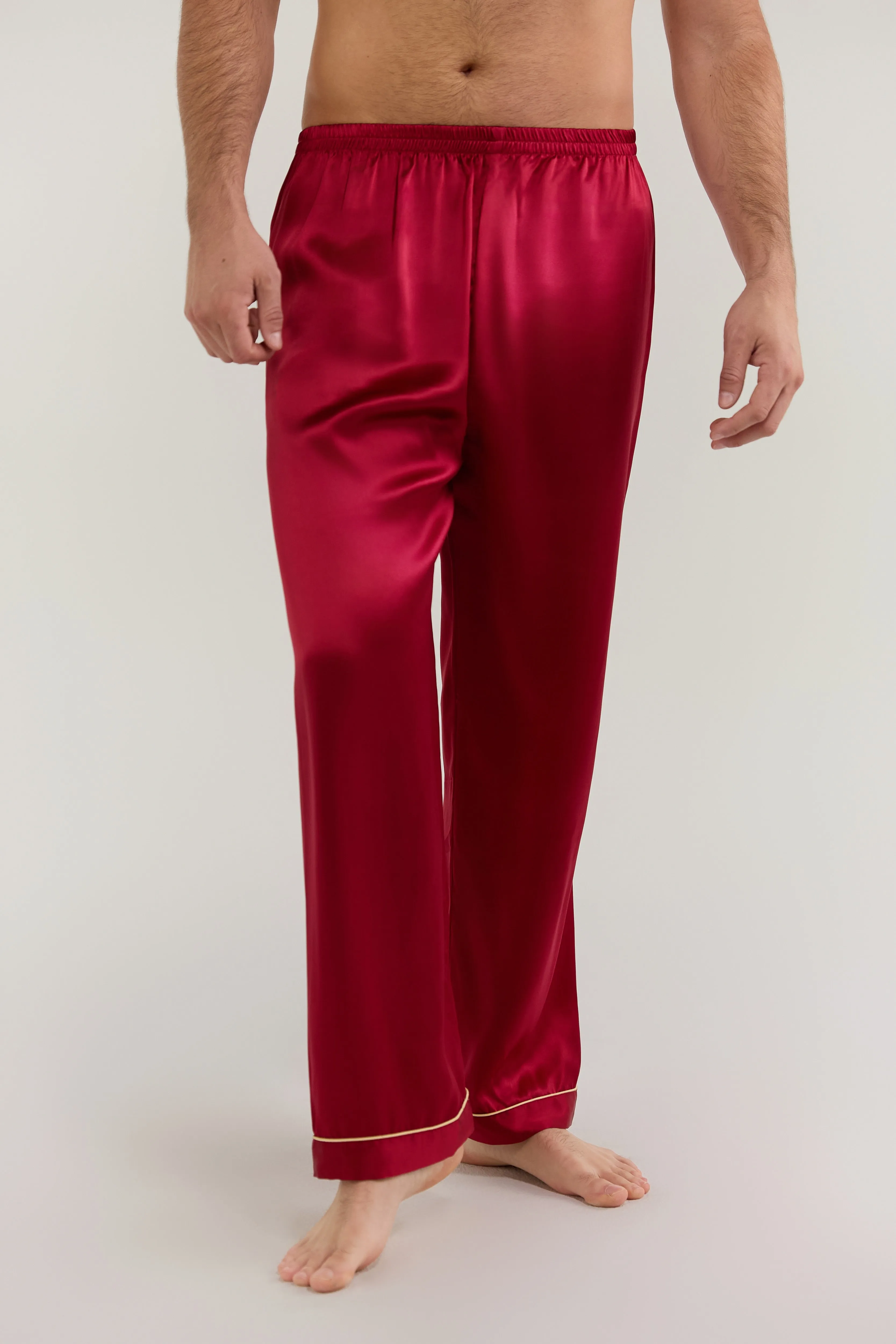 Men’s Pure Silk Sleep Bottoms In Burgundy Red