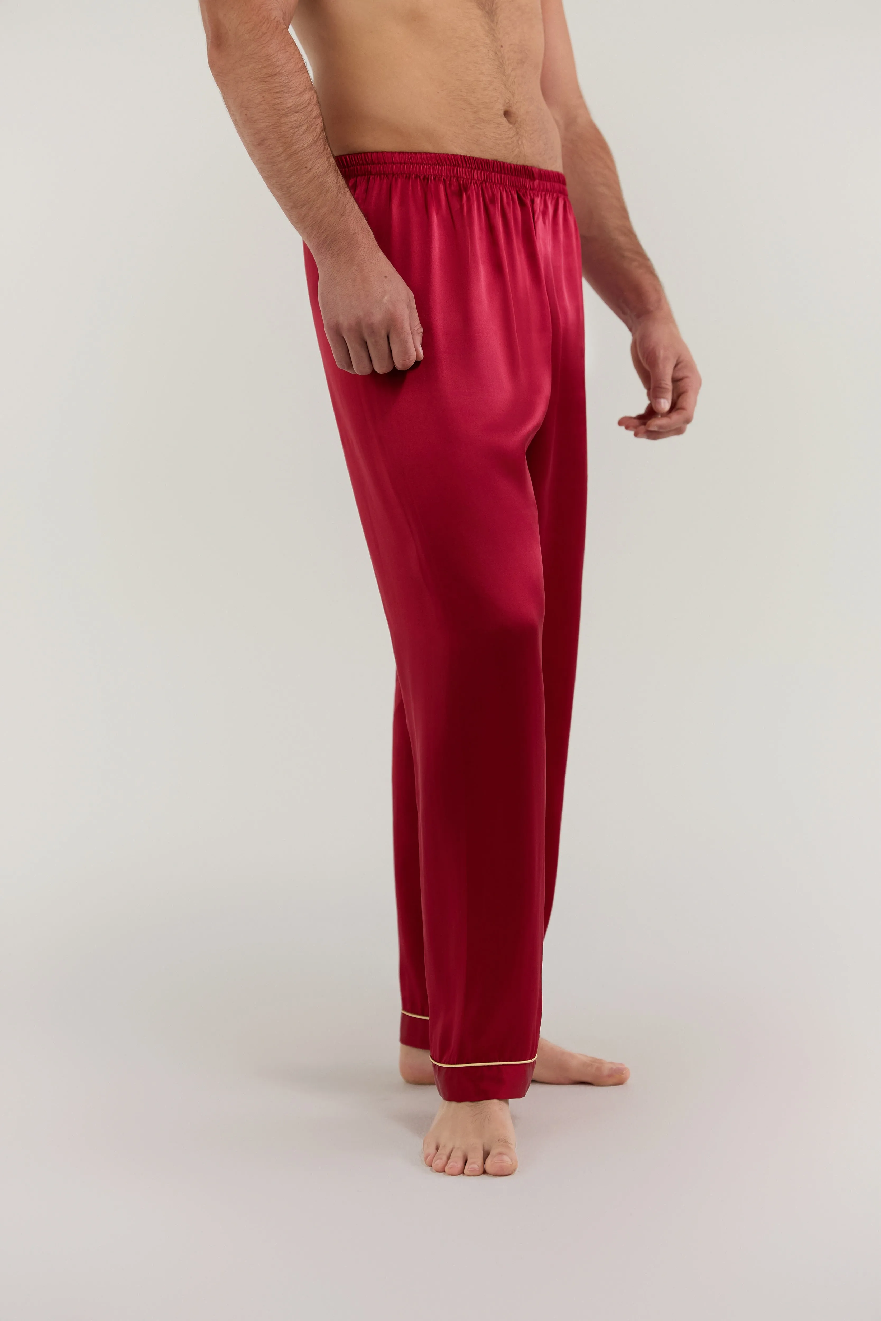 Men’s Pure Silk Sleep Bottoms In Burgundy Red