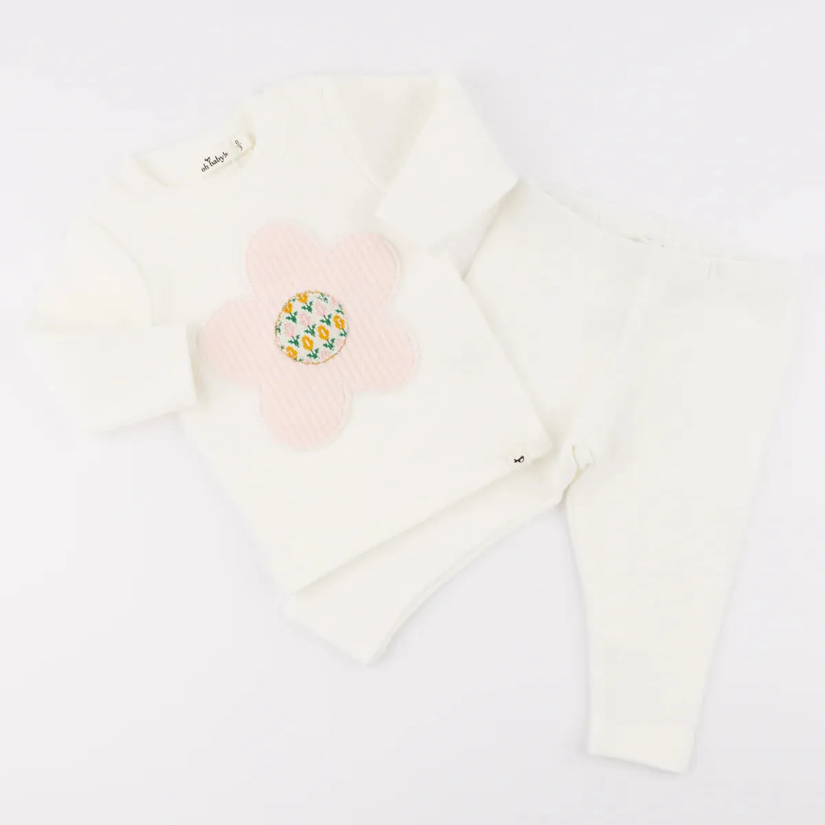 Quilted Flower Applique L/S 2pc. Set- Cream