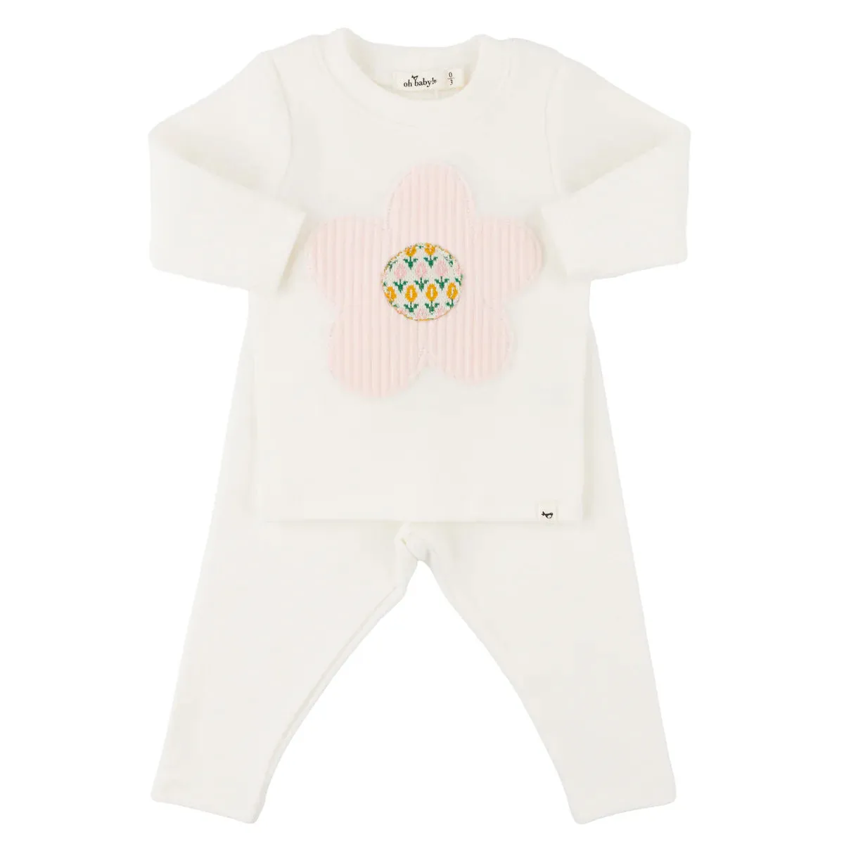 Quilted Flower Applique L/S 2pc. Set- Cream