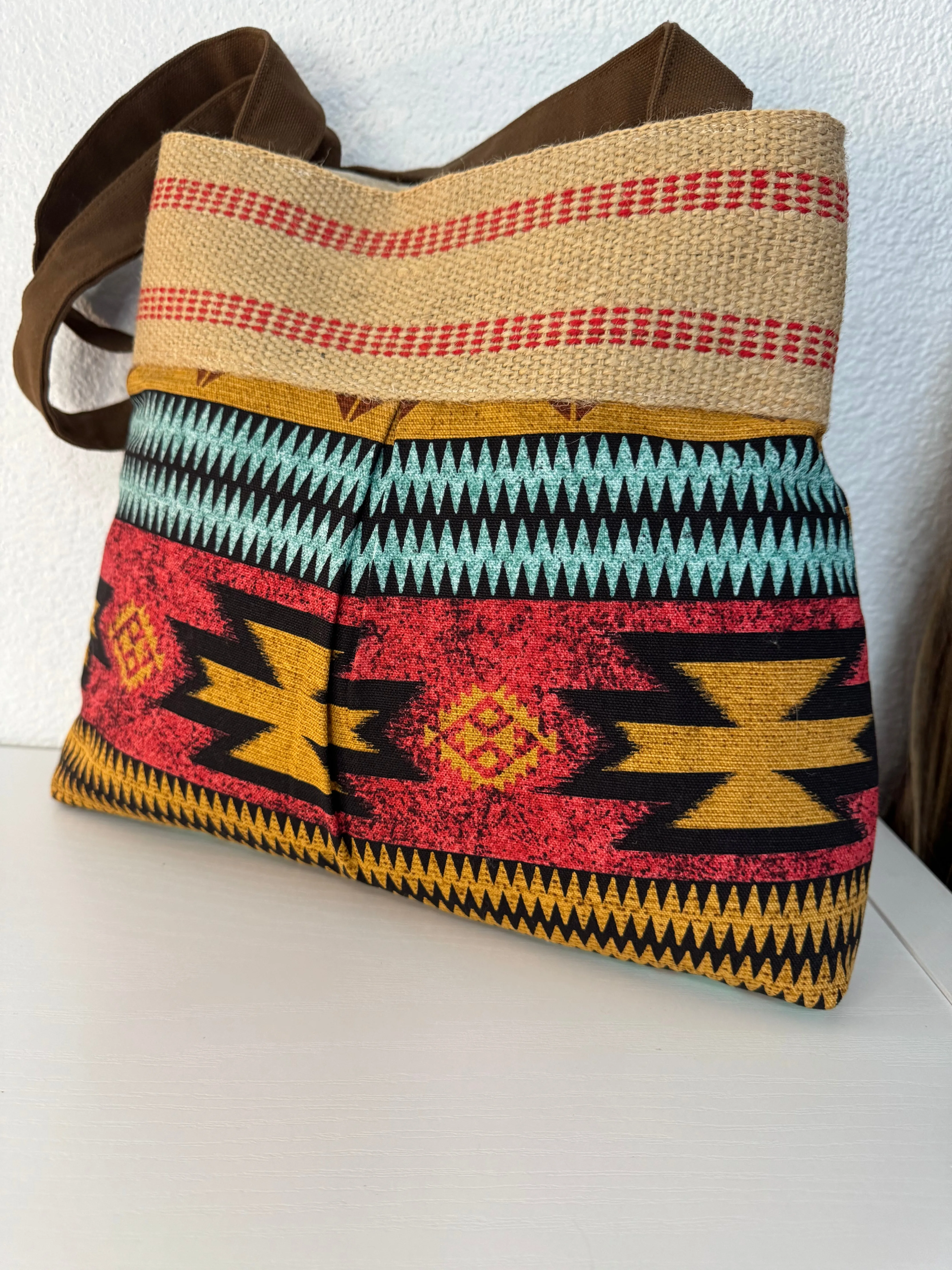 Red Southwest Print Tote with Jute Webbing and Red Button