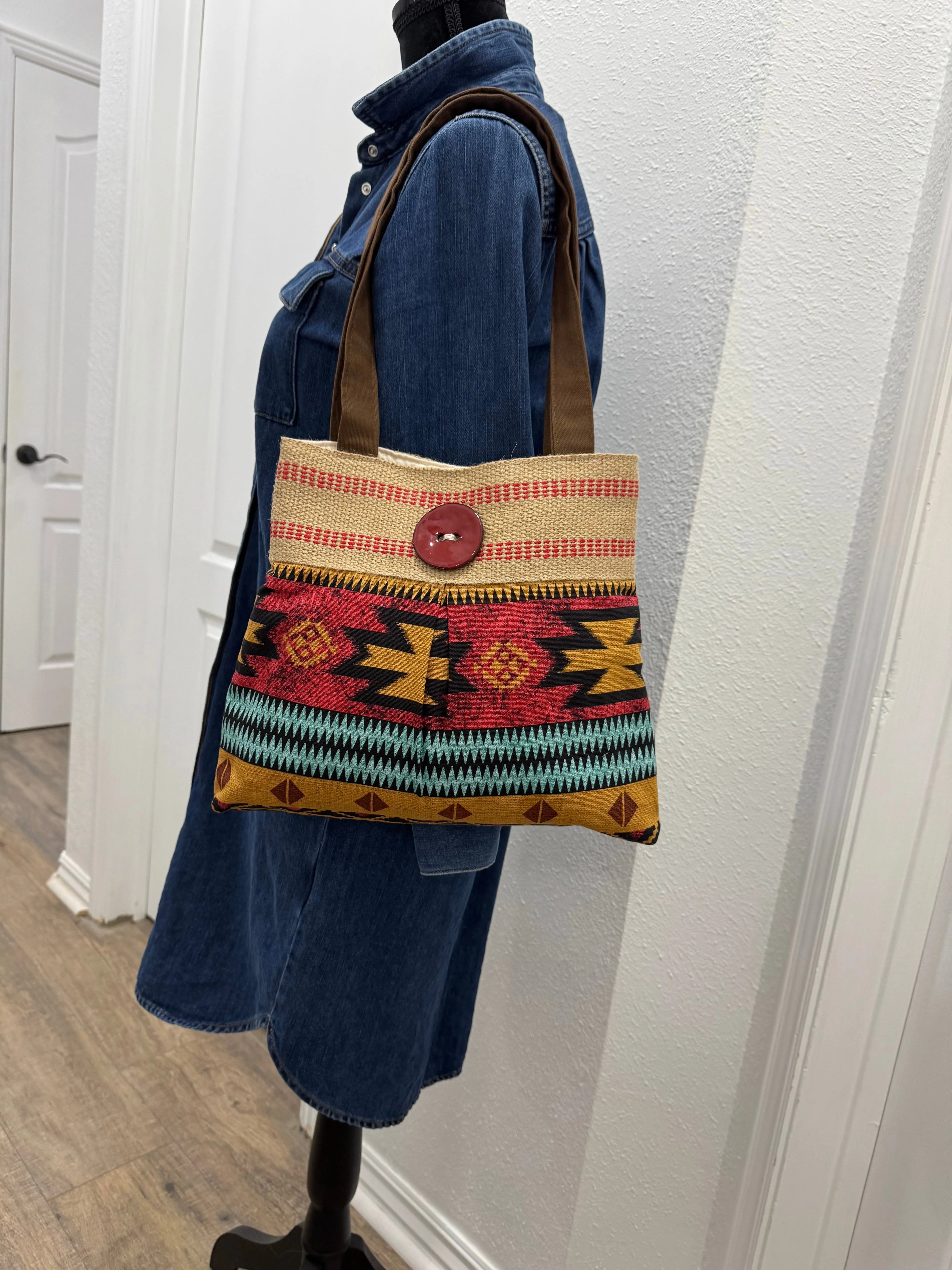 Red Southwest Print Tote with Jute Webbing and Red Button
