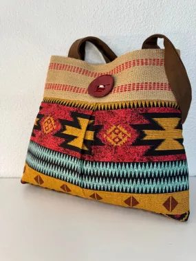 Red Southwest Print Tote with Jute Webbing and Red Button