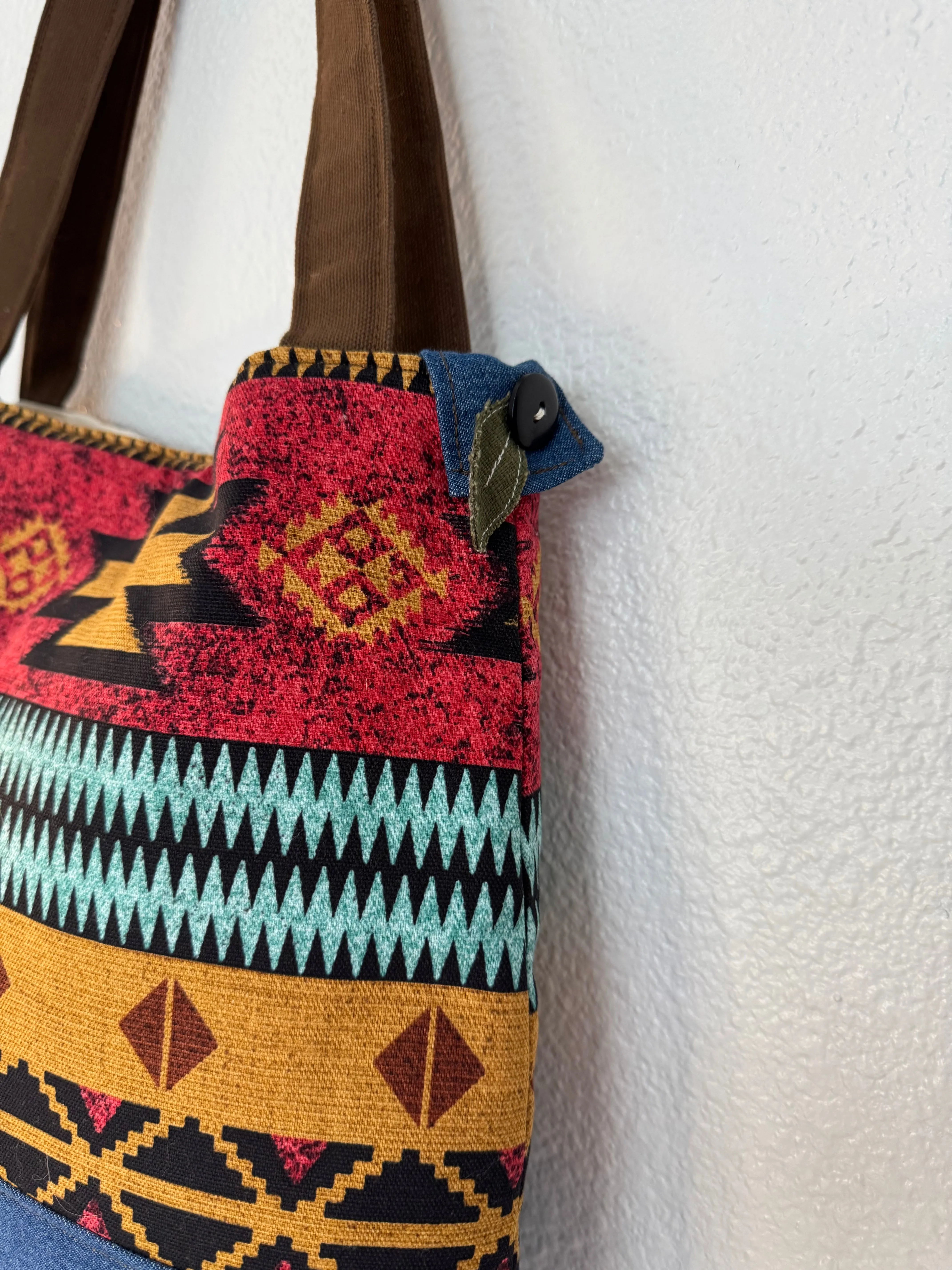 Southwest Print Tote Bucket Bag in Red and Blue