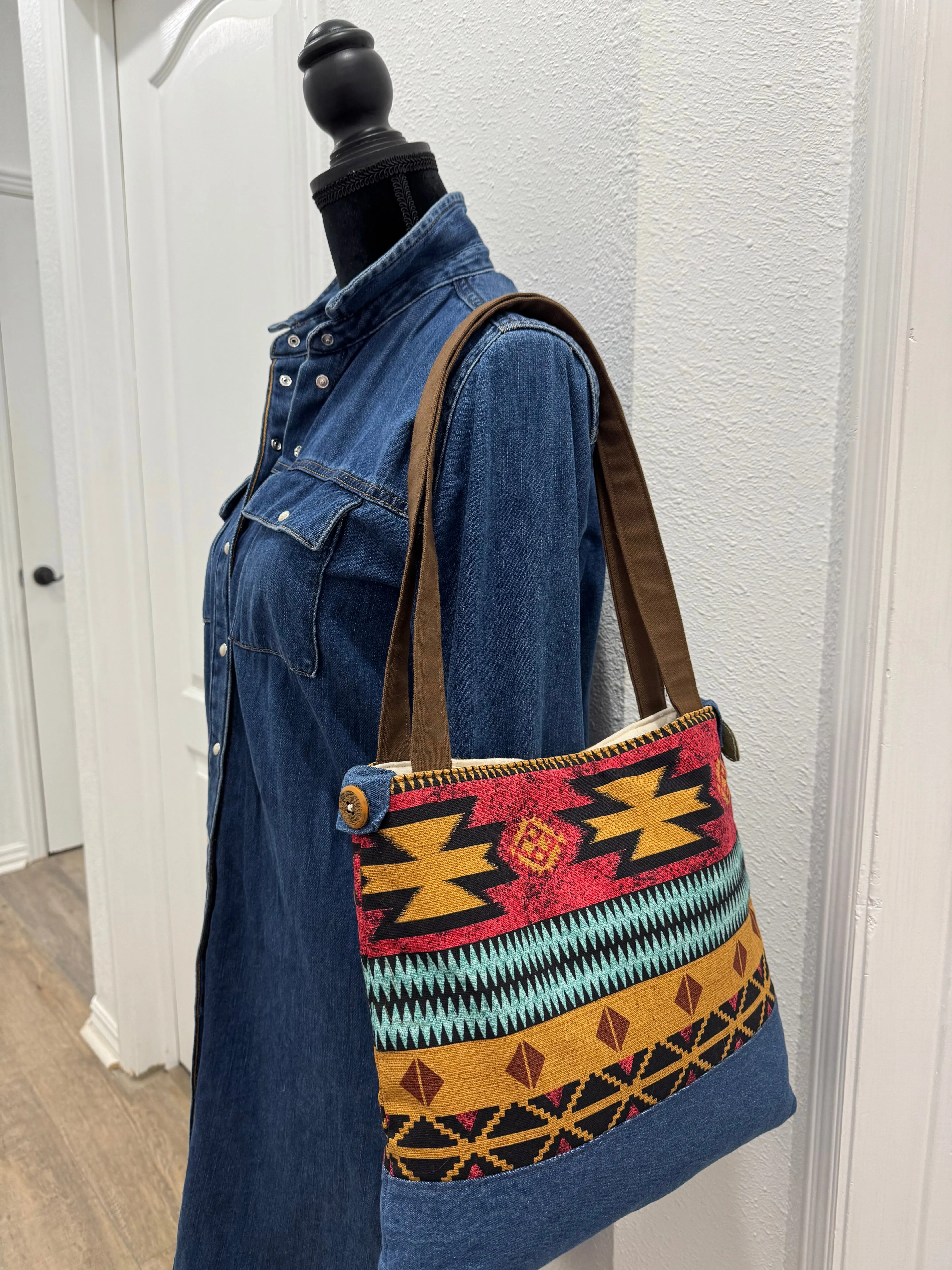 Southwest Print Tote Bucket Bag in Red and Blue