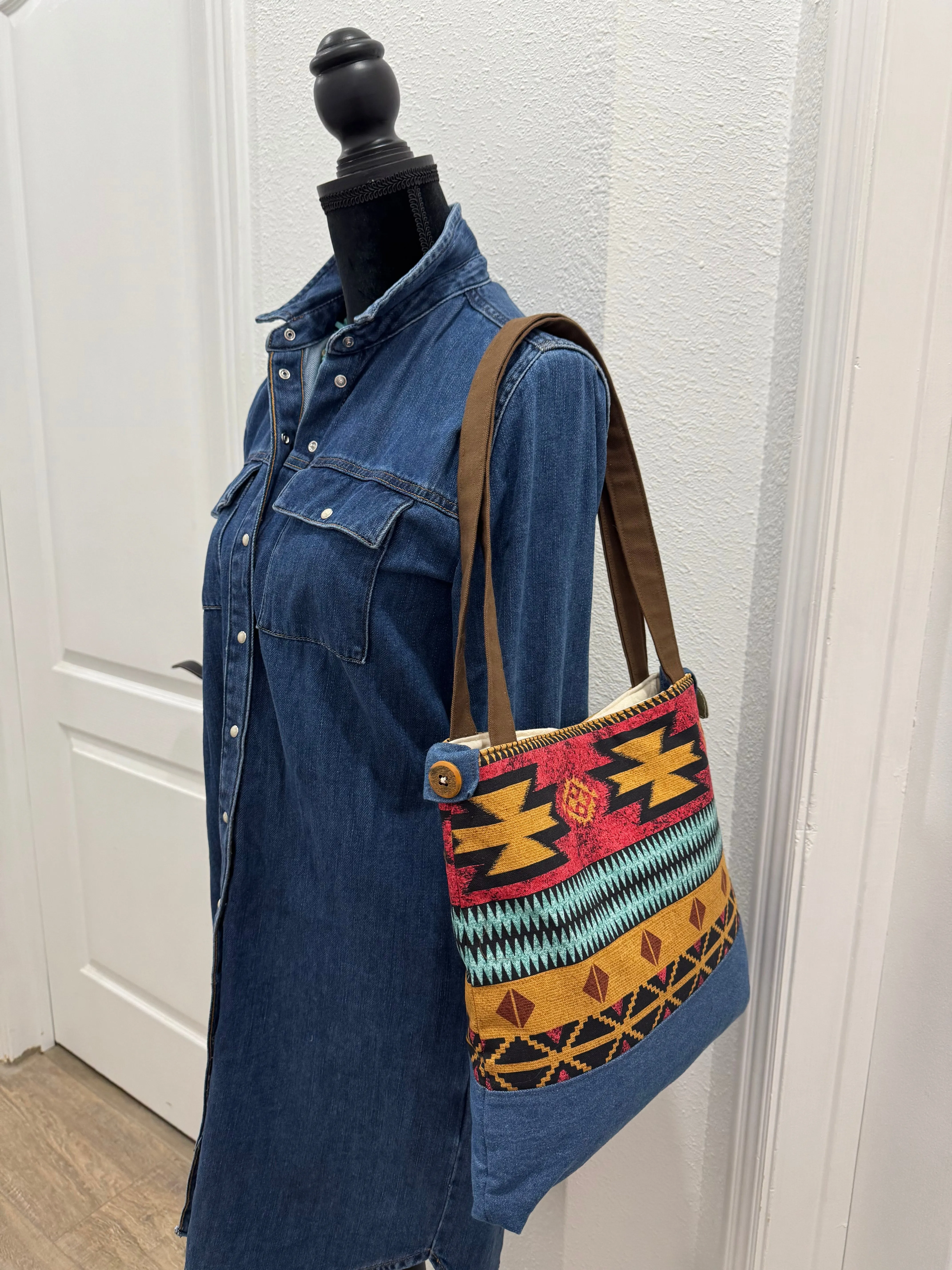 Southwest Print Tote Bucket Bag in Red and Blue