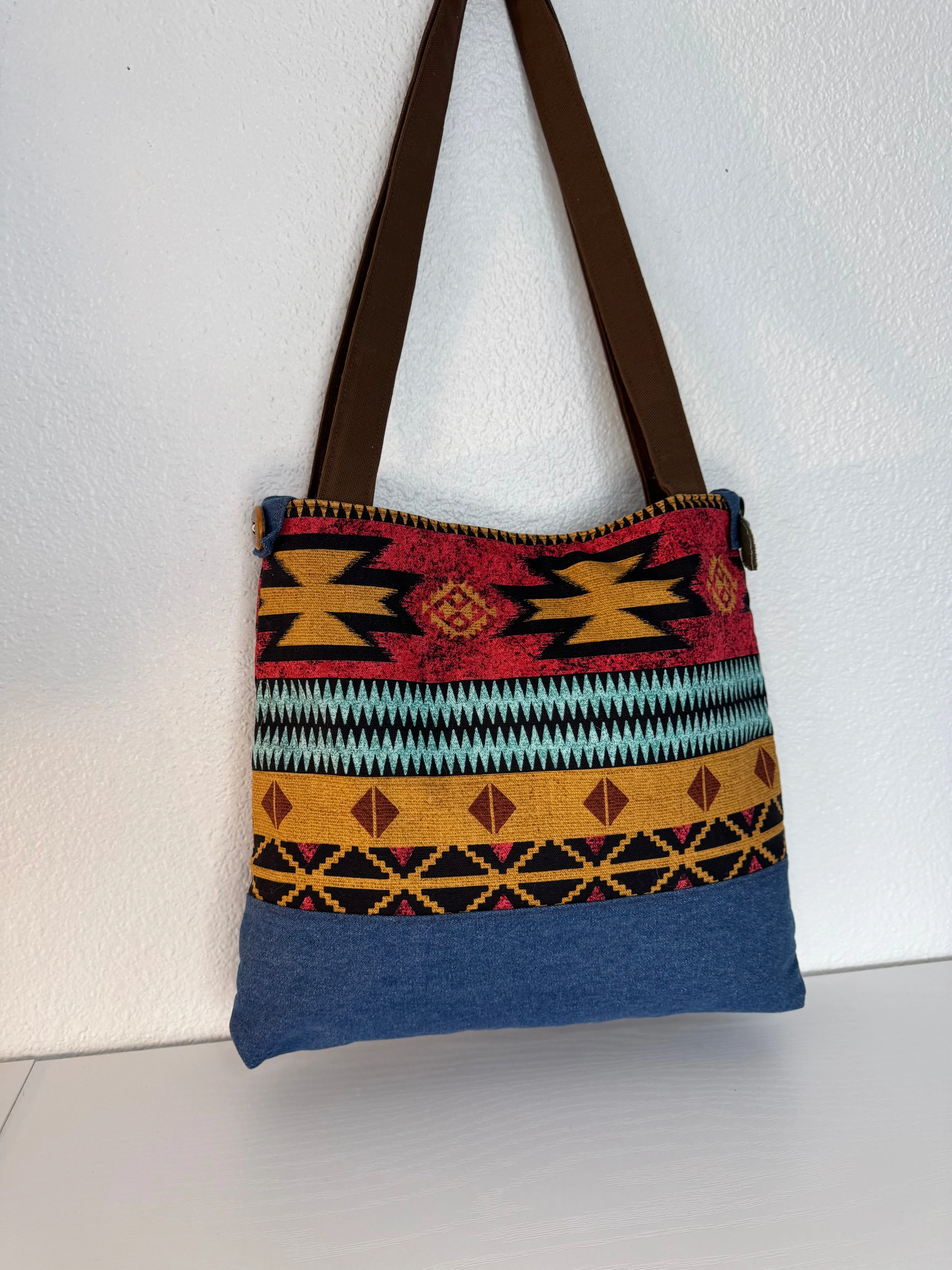 Southwest Print Tote Bucket Bag in Red and Blue