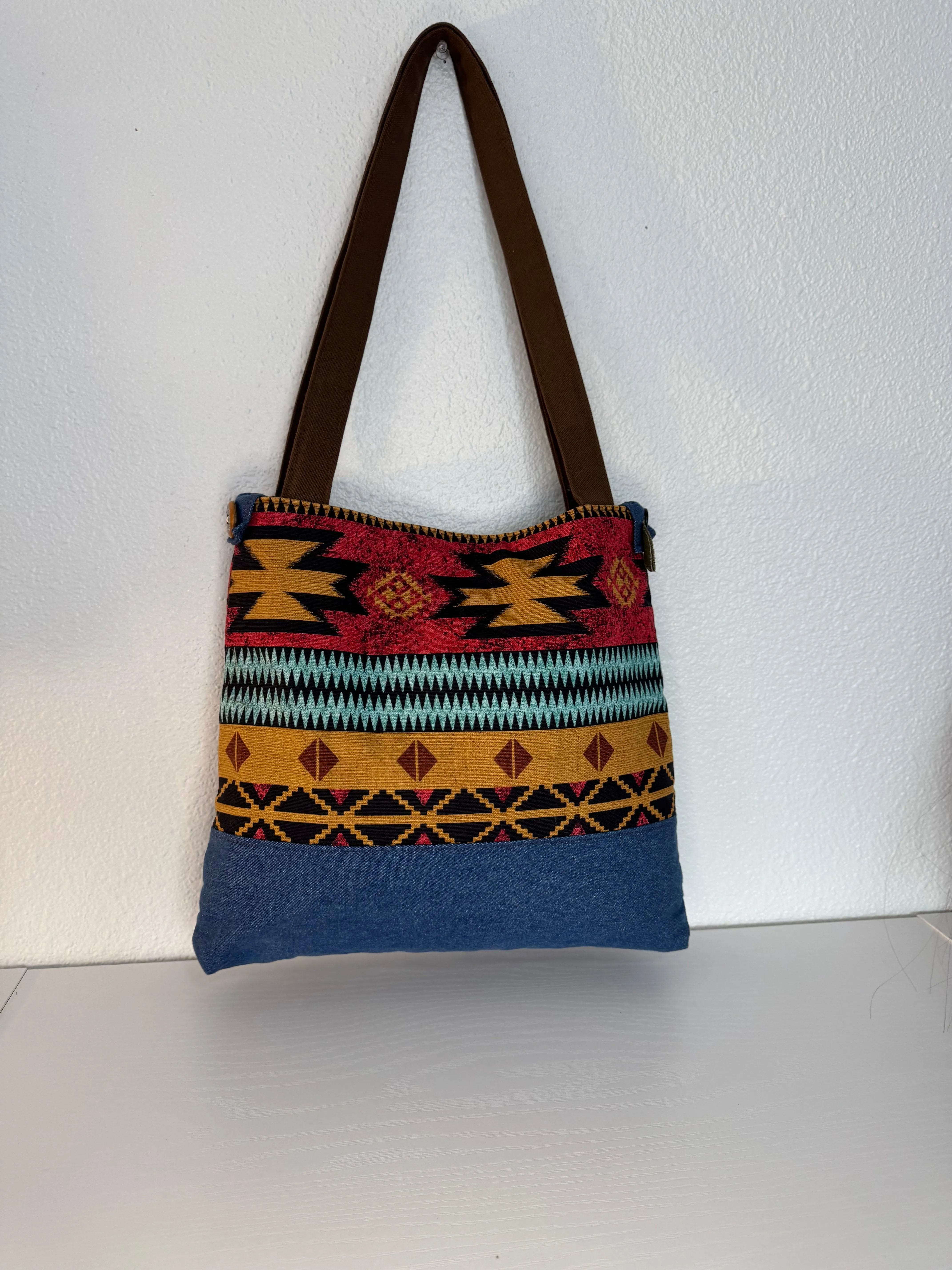 Southwest Print Tote Bucket Bag in Red and Blue