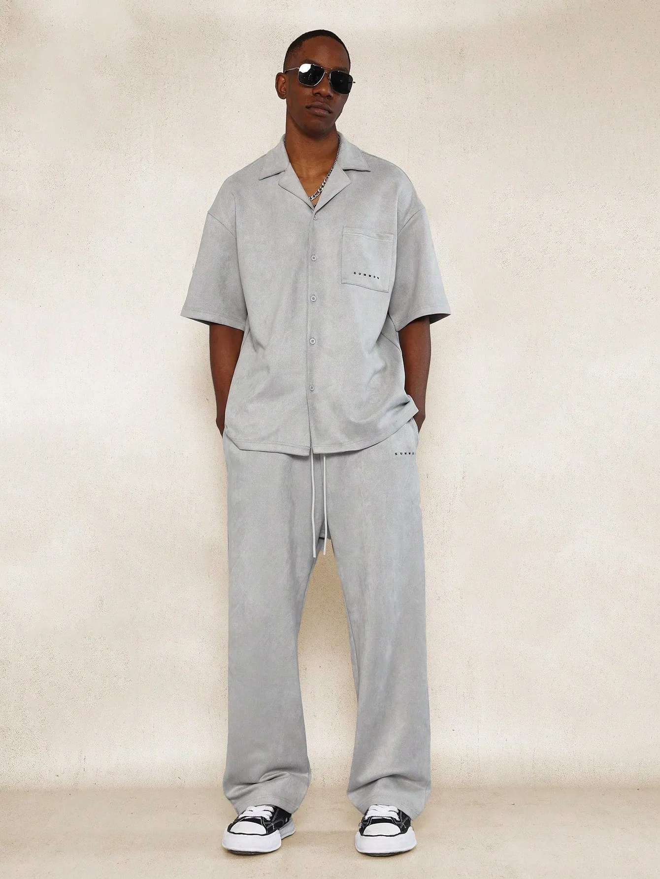 Suedette Relaxed Fit Revere Shirt And Straight Fit Pant 2 Piece Set