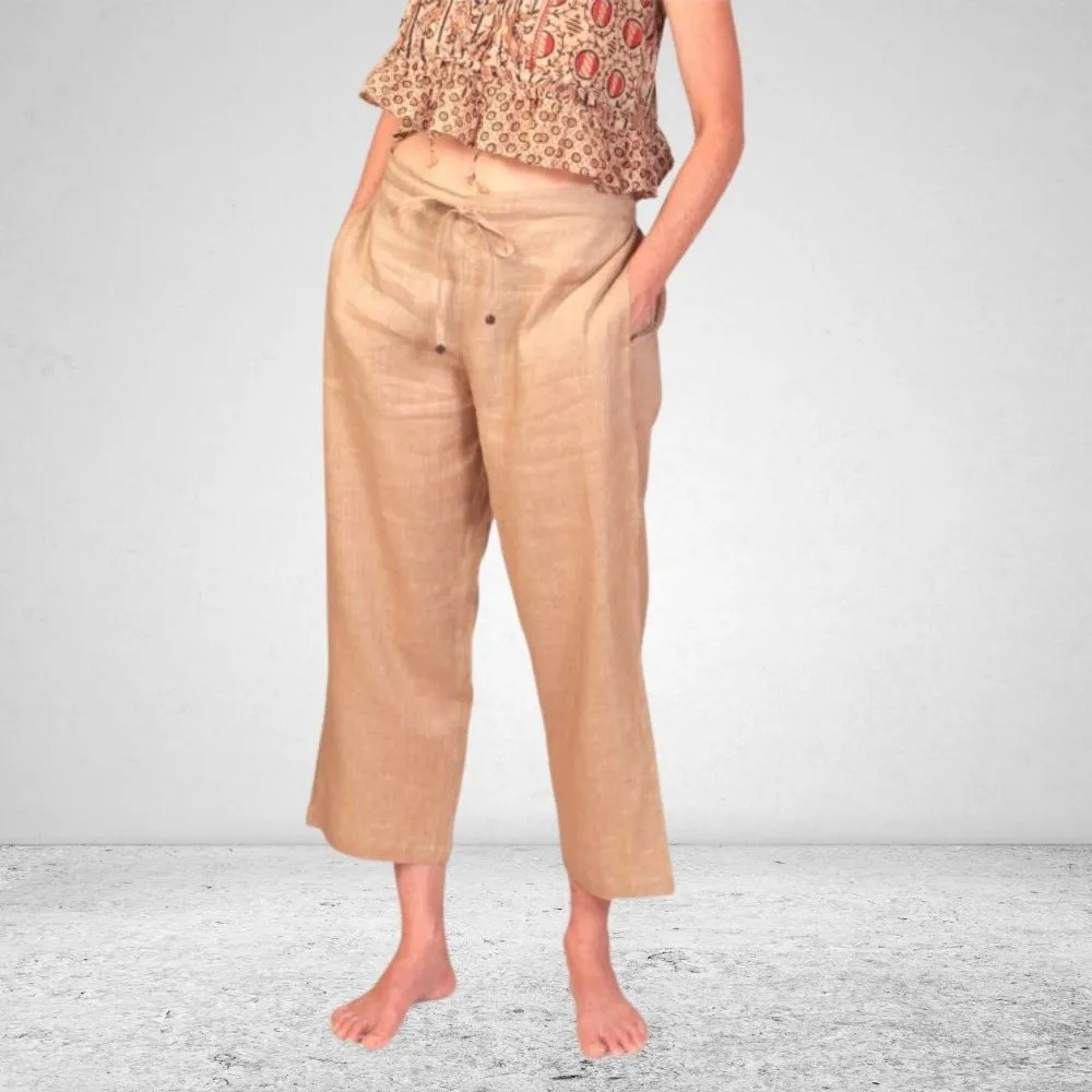 Women Beige Pants | Linen | Breathable Fabric| Lower Calf Length | Casual Style